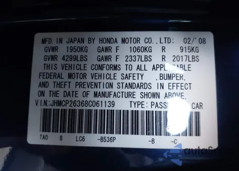 2008 Honda Accord 2.4 Lx z USA, uszkodzony, nr VIN JHMCP26368C061139